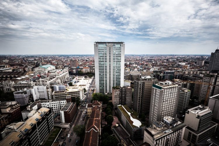 Aerial view of Milan, with the famousest skyscraper.